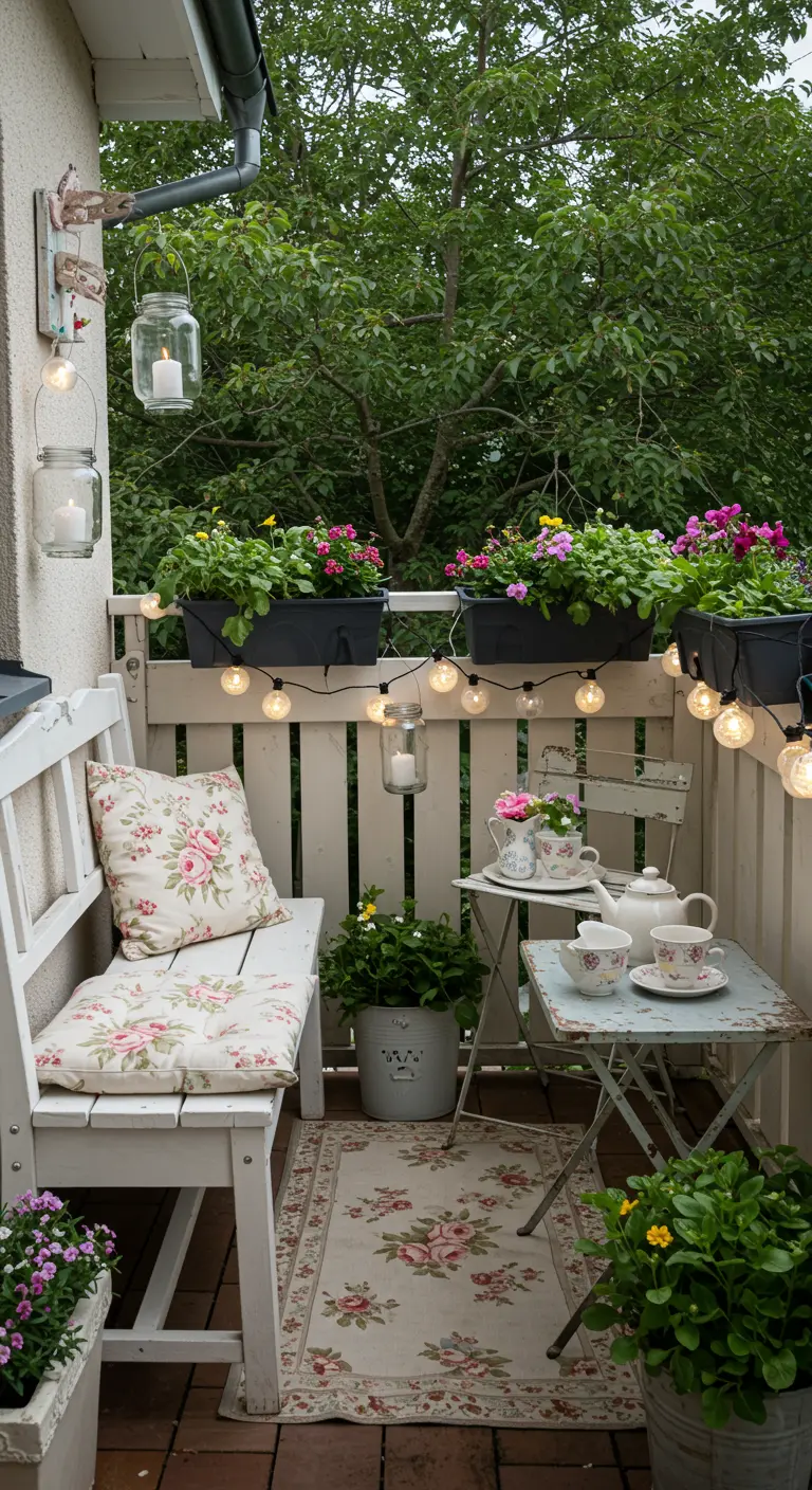 Balcon champêtre avec banc blanc patiné, coussins floraux, guirlande lumineuse et bocaux fleuris.
