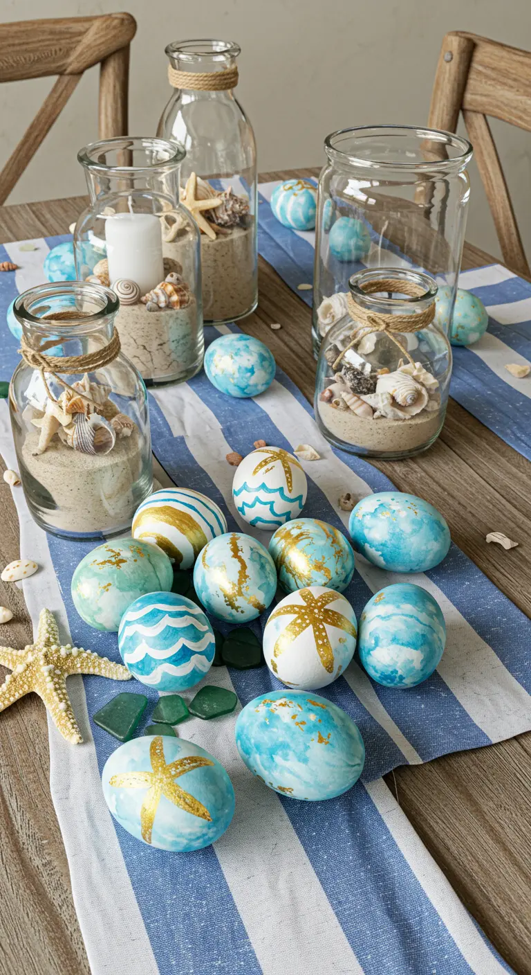 Table thème marin avec coquillages, sable et œufs aux motifs marins bleus et dorés.