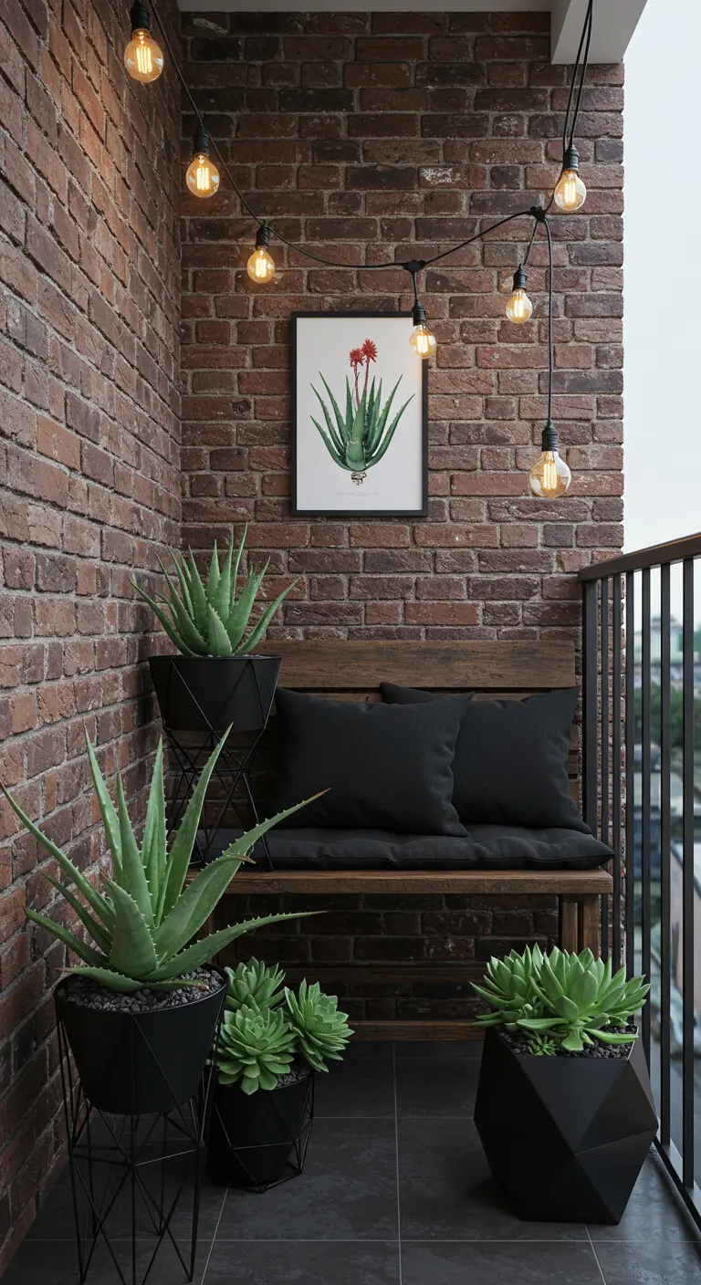 Balcon avec mur de briques, pots noirs géométriques, aloès, et guirlande lumineuse.