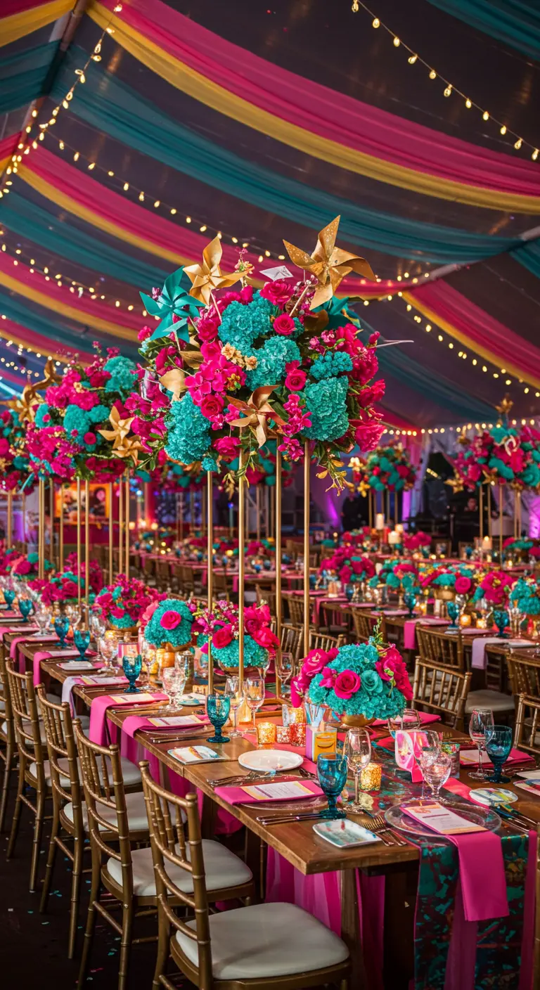 Longues tables de banquet sous une tente décorée de tissus colorés, avec centres de table éclatants de fleurs fuchsia, turquoise et dorées.
