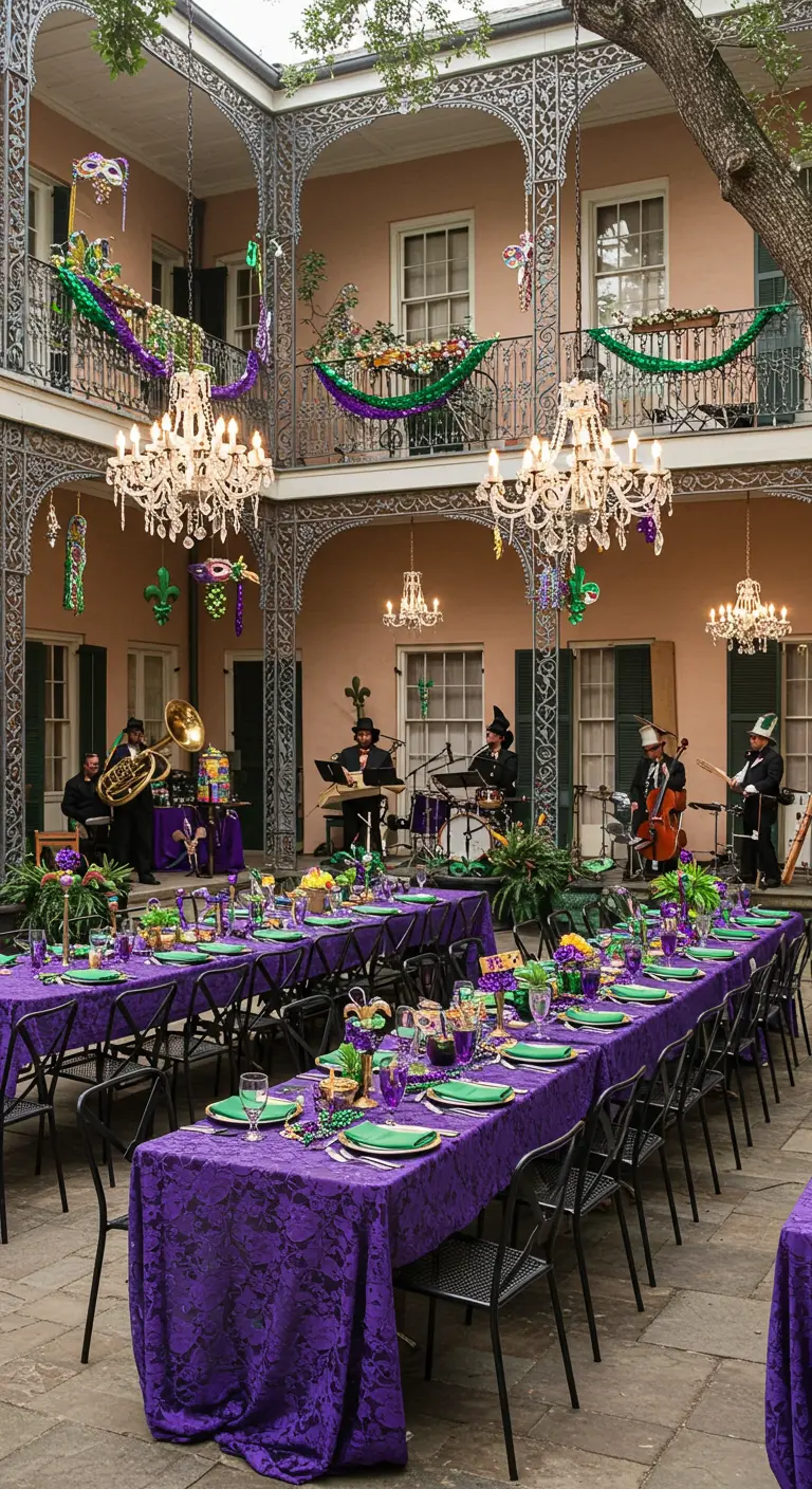 Cour de la Nouvelle-Orléans décorée pour le Mardi Gras avec nappes violettes, lustres.