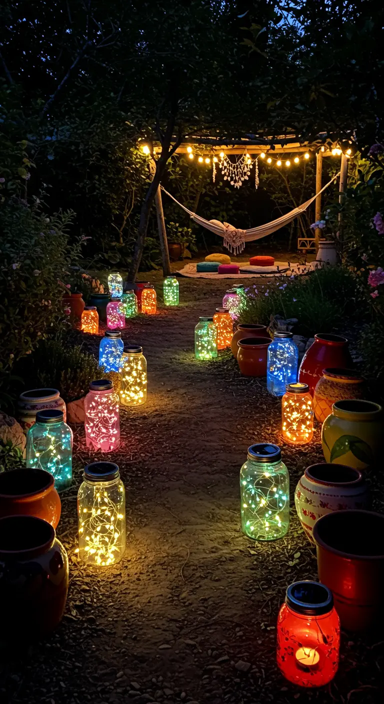 Chemin de jardin éclairé par des bocaux en verre contenant des guirlandes LED solaires multicolores, ambiance festive.