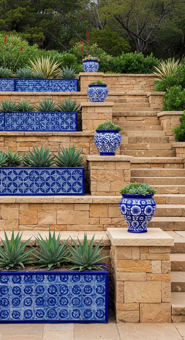 Escaliers en pierre avec des jardinières terrassées en mosaïque bleue et des plantes d'agave.