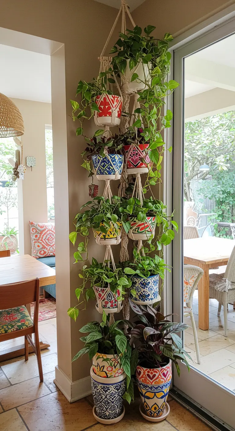 Une colonne de pots en céramique à motifs ethniques suspendus et posés, avec des plantes retombantes.