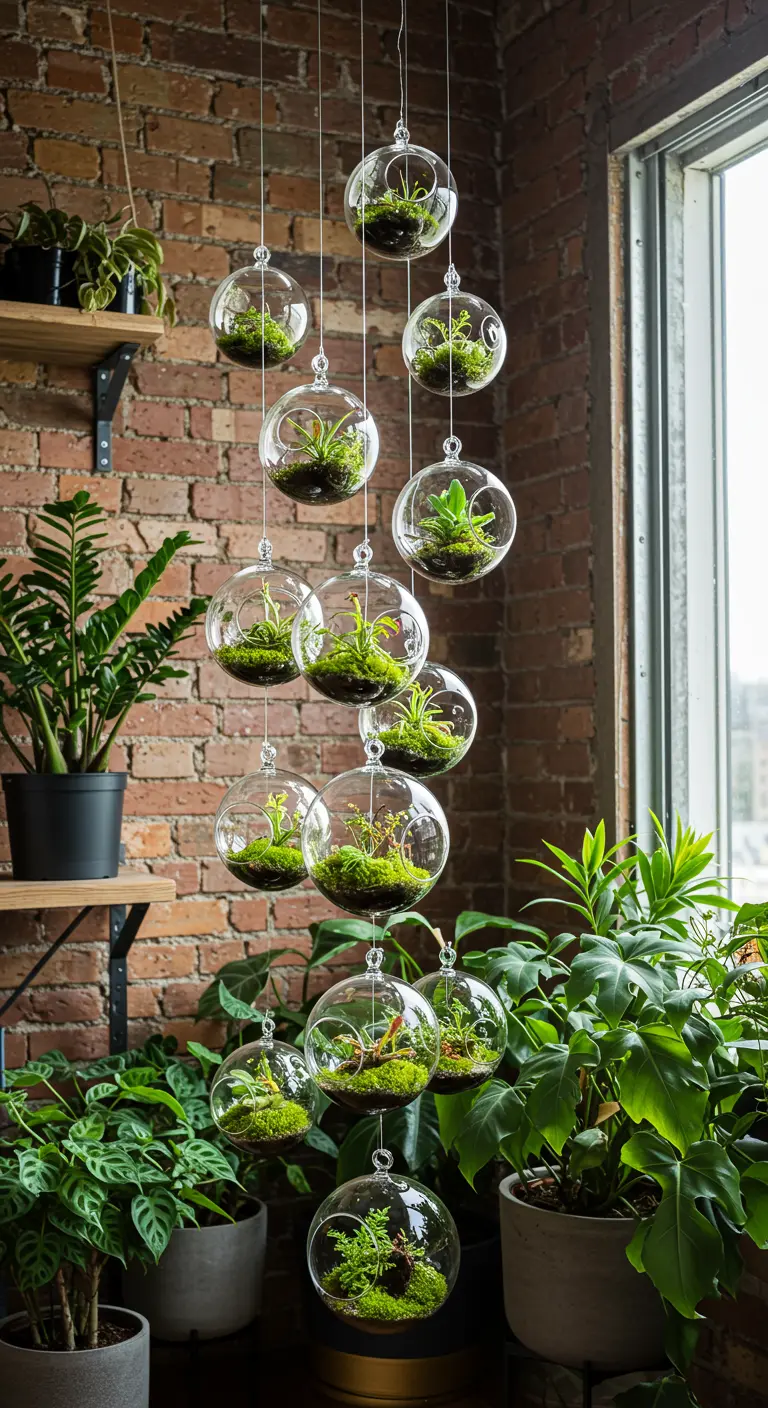 Grande cascade de terrariums en verre de différentes tailles avec diverses plantes vertes, suspendue devant un mur de briques.