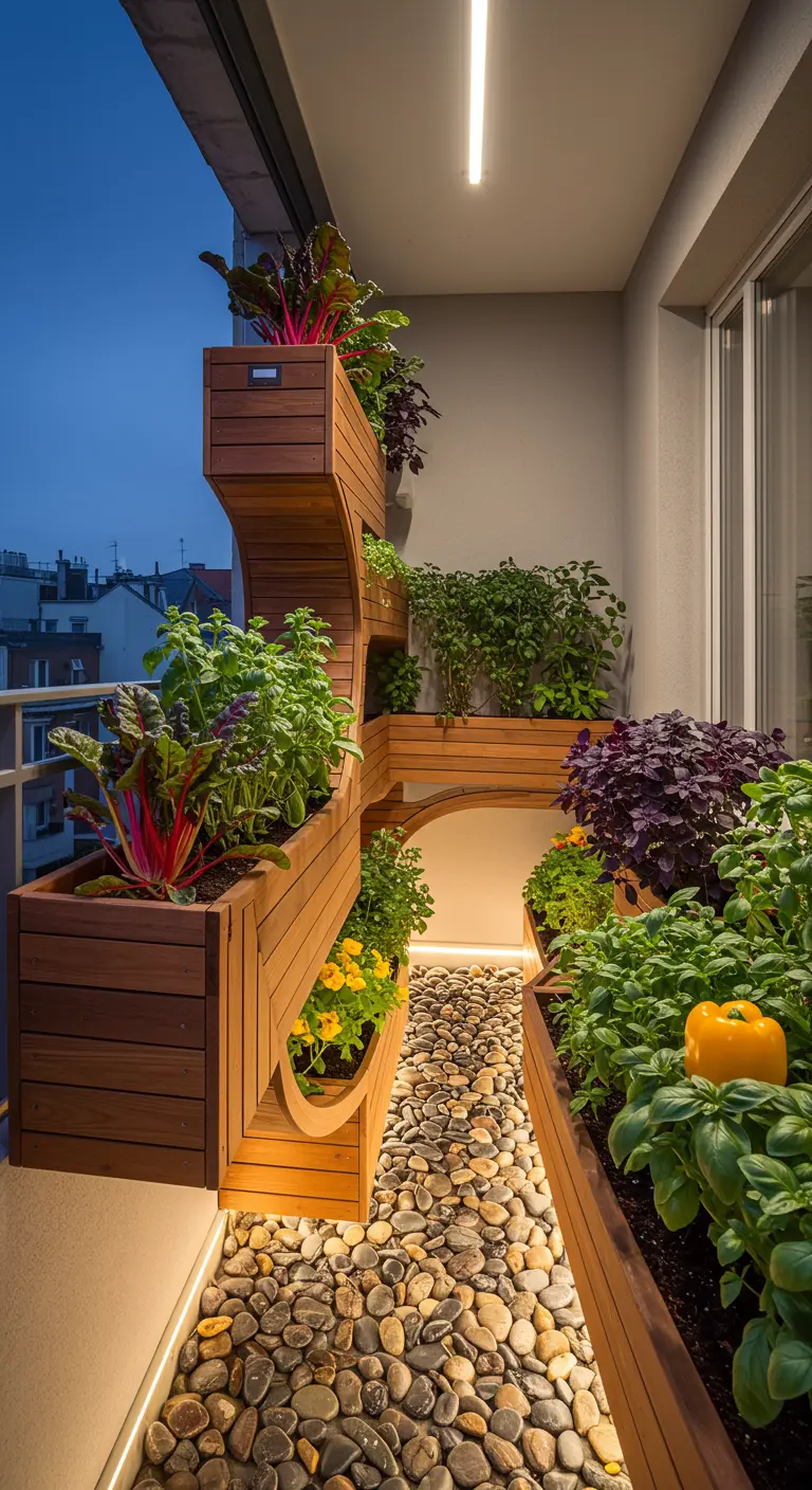 Jardinières en bois ondulantes avec éclairage LED, remplies de légumes et herbes sur un balcon