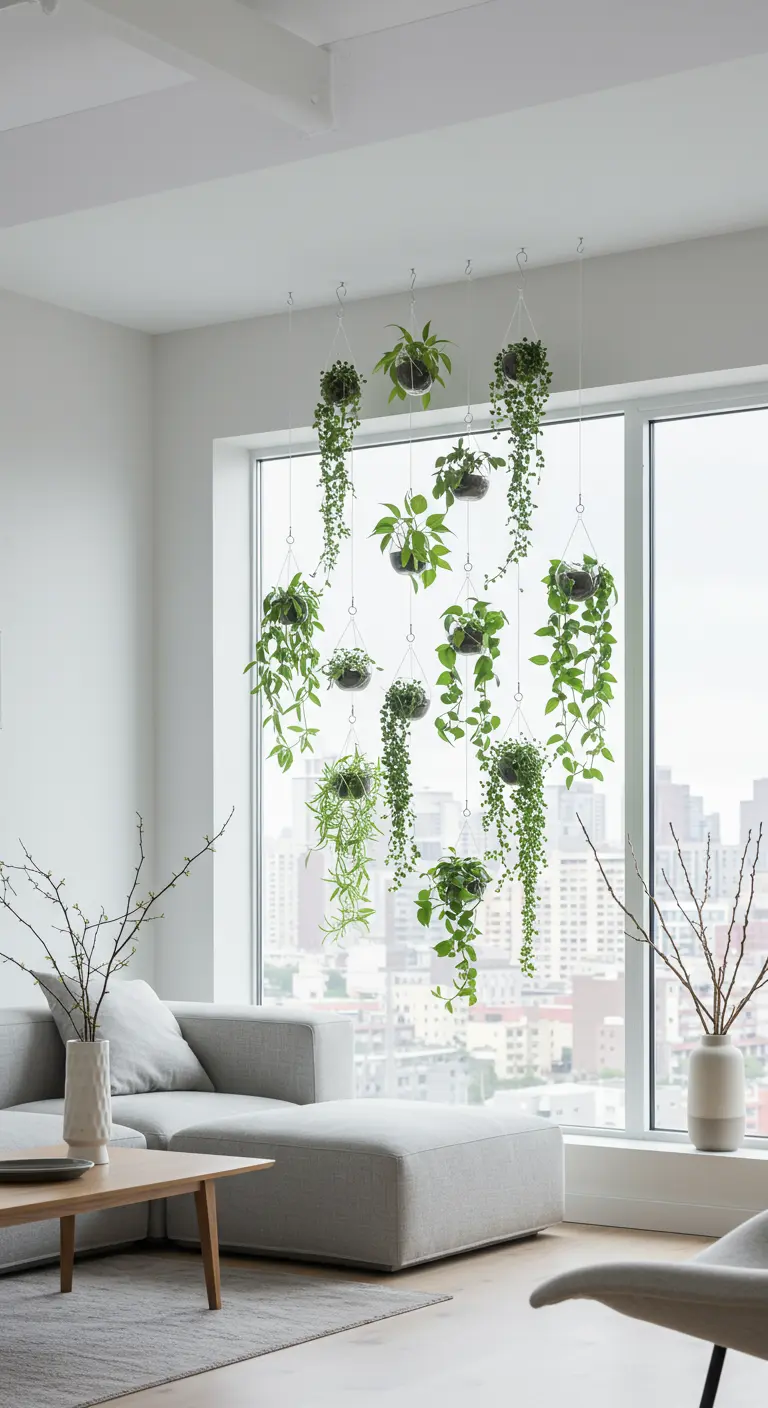 De nombreuses plantes retombantes en pots de verre suspendus devant une fenêtre dans un salon moderne.