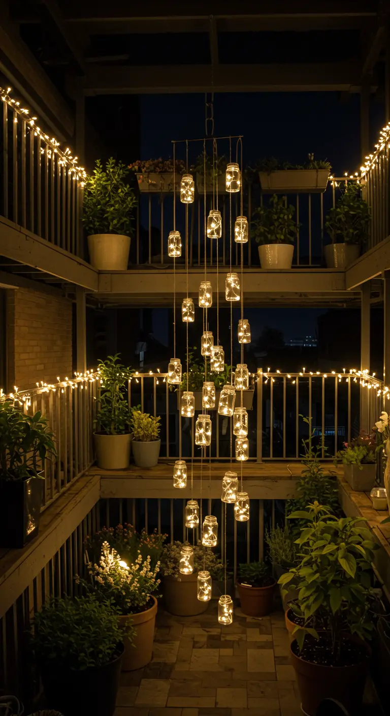 Puits de lumière entre plusieurs balcons, décoré d'une longue cascade de bocaux lumineux suspendus et de guirlandes sur les balustrades.