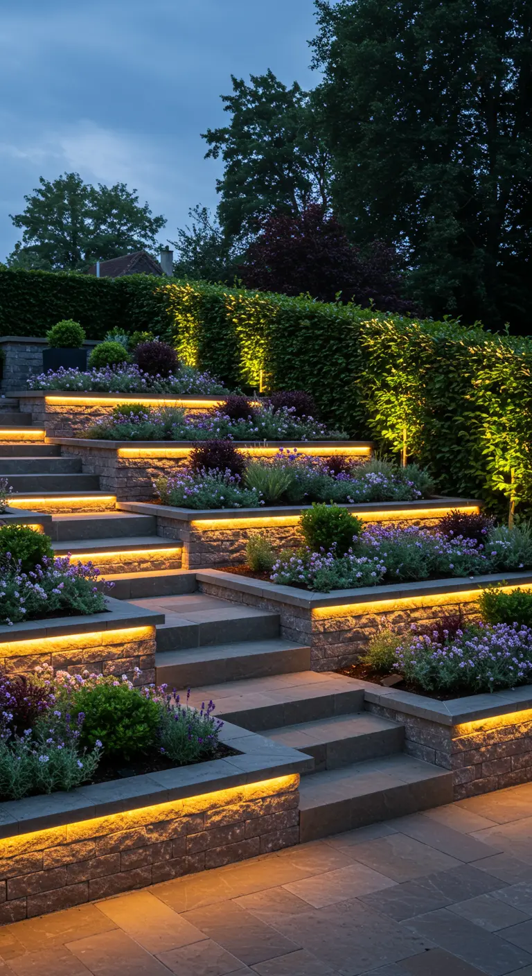 Jardins en terrasses avec paliers illuminés par des rubans LED.