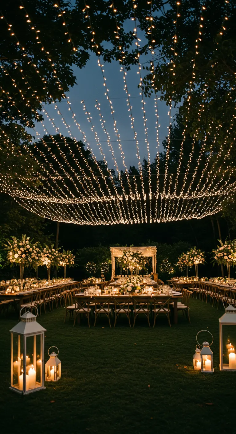 Grande réception de mariage en extérieur sous un vaste plafond de milliers de guirlandes lumineuses.