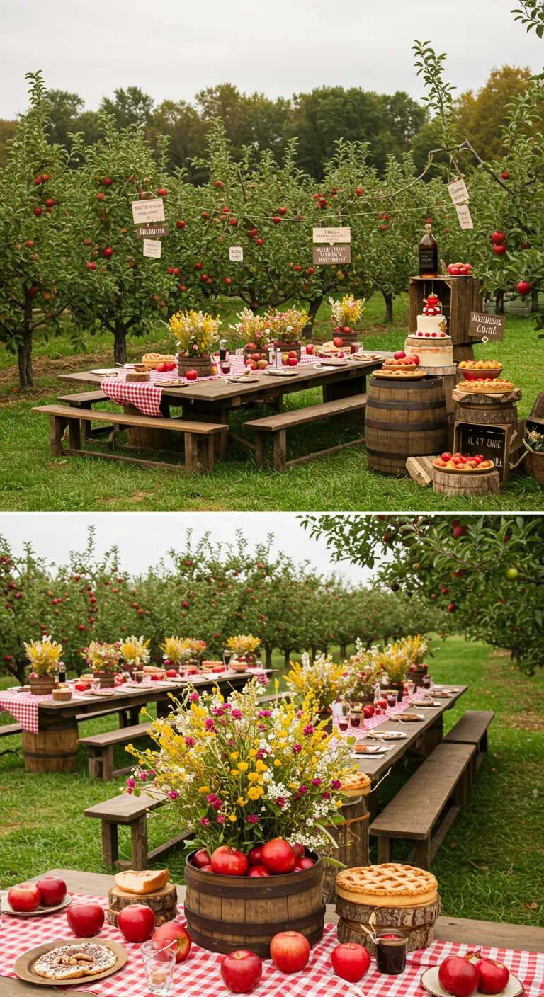 Tables de pique-nique dans un verger de pommiers, barils décoratifs, nappes à carreaux rouges et blanches.