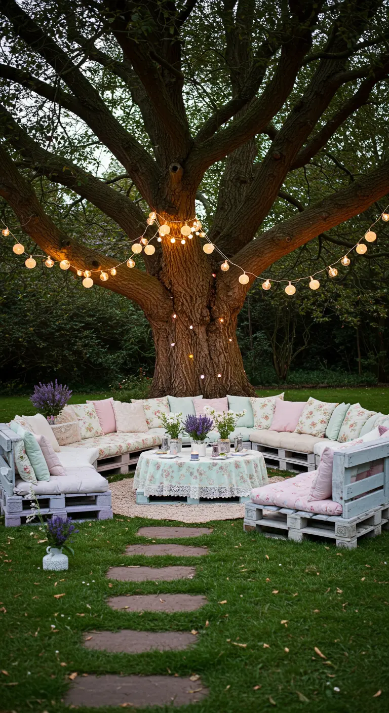 Salon de jardin circulaire en palettes blanches/bleues avec coussins floraux, sous un grand arbre avec guirlandes lumineuses.