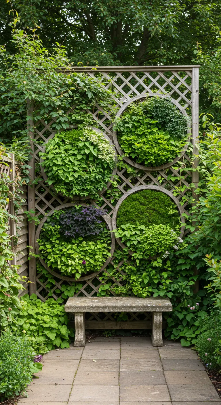 Mur végétal sur treillis en bois avec quatre cercles de verdure distincts.