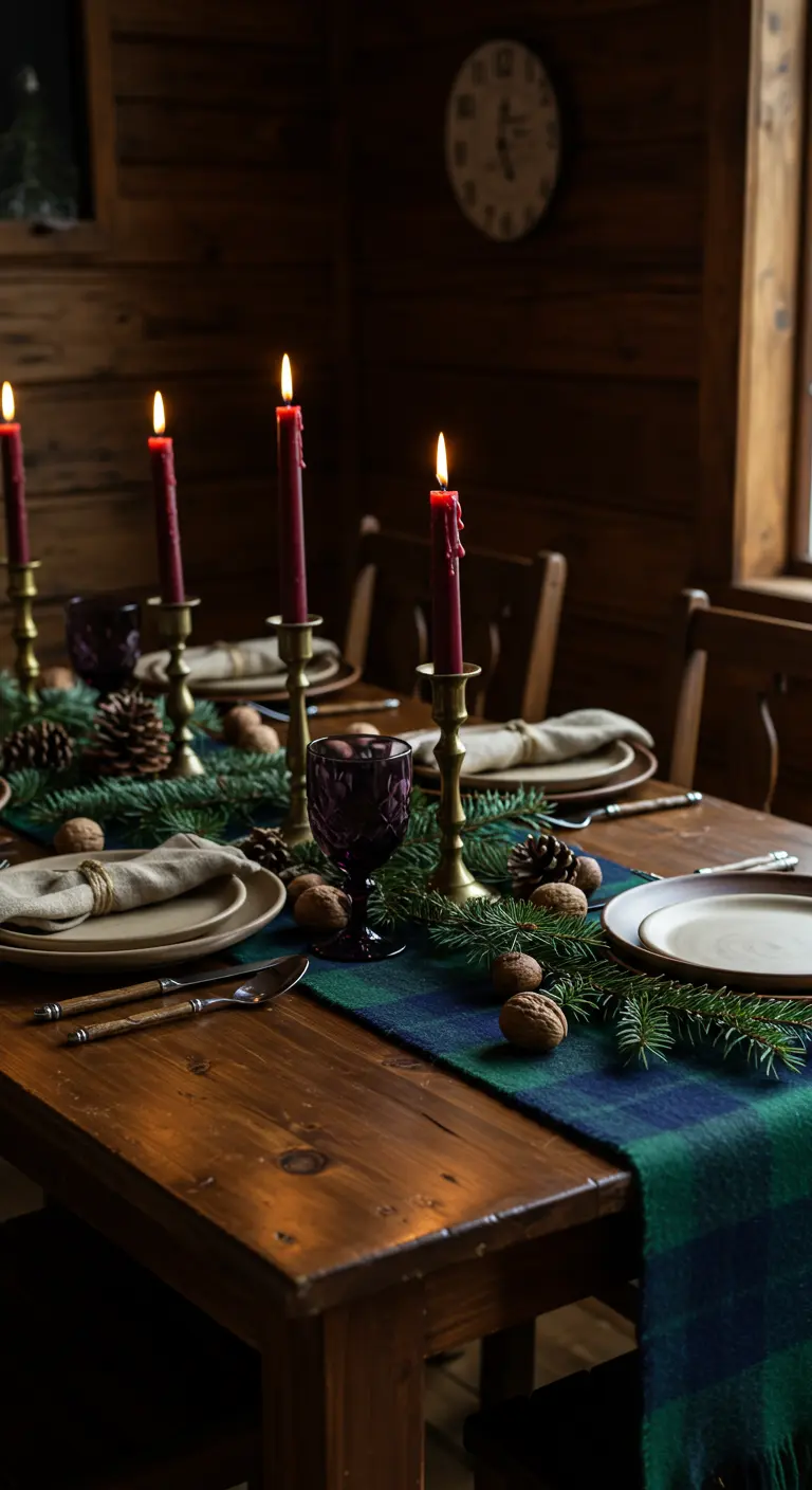 Table en bois rustique avec chemin de table écossais, branches de sapin, noix et bougies rouges.