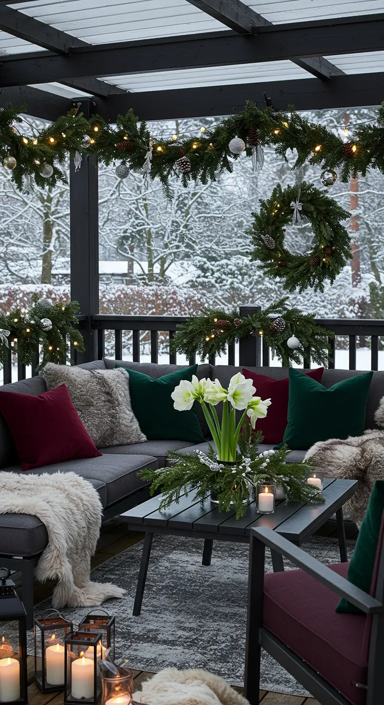 Terrasse d'hiver décorée avec des coussins bordeaux et vert, des plaids en fausse fourrure et des guirlandes de sapin.