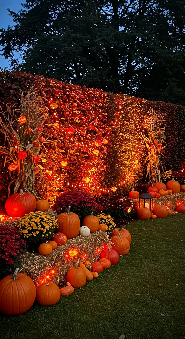 Décoration de jardin automnale avec citrouilles, bottes de foin et guirlandes LED chaudes.