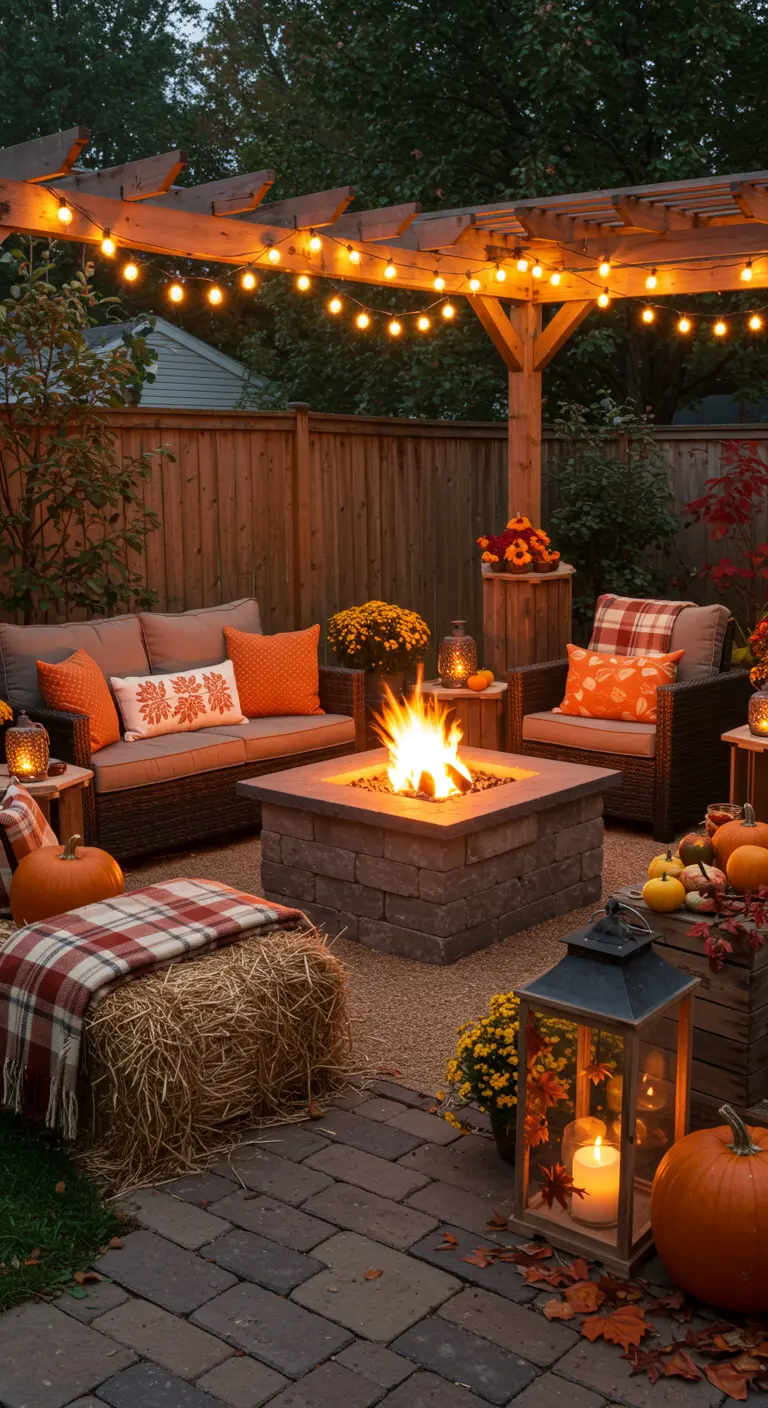 Terrasse automnale avec brasero, pergola illuminée, coussins orange et citrouilles décoratives.