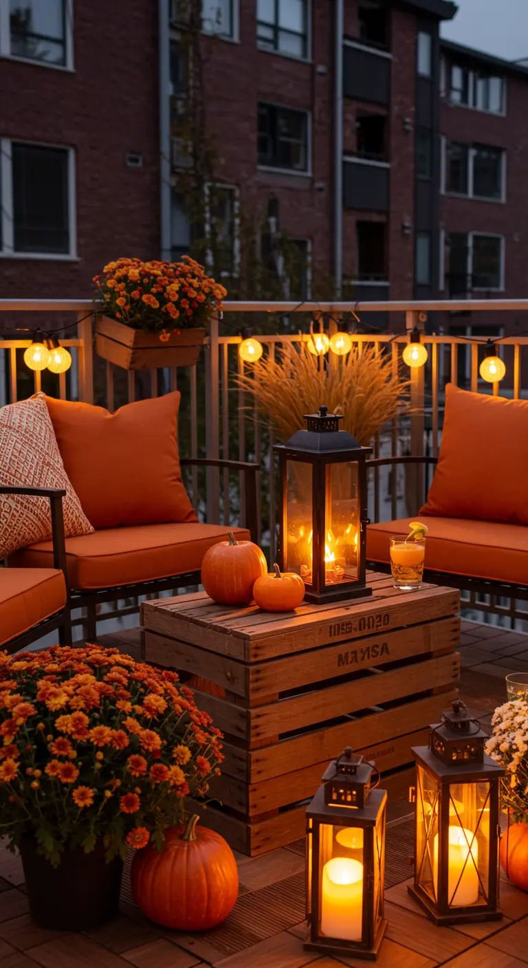 Balcon automnal avec coussins orange, table en caisses, citrouilles, chrysanthèmes.