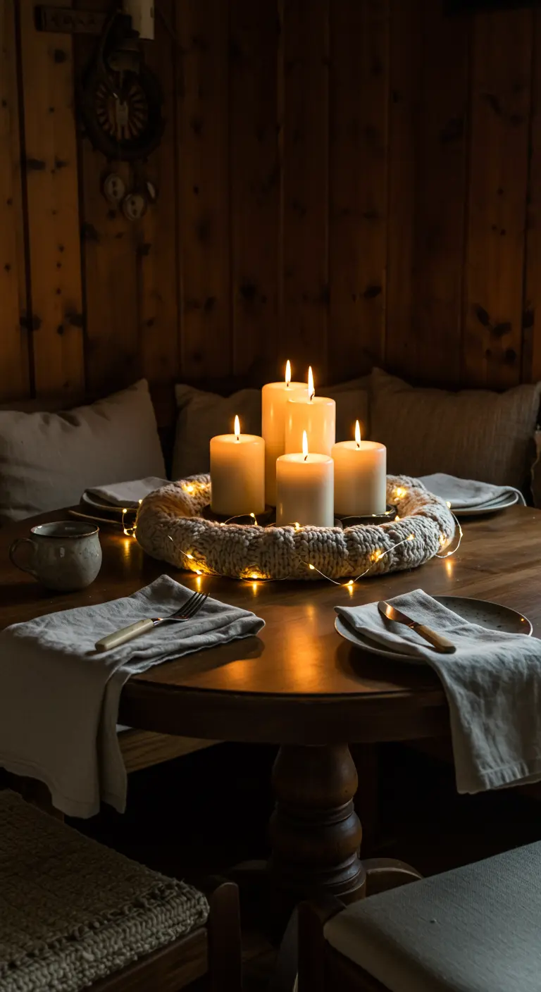 Table ronde en bois avec bougies piliers blanches, guirlande tricotée et guirlande lumineuse.