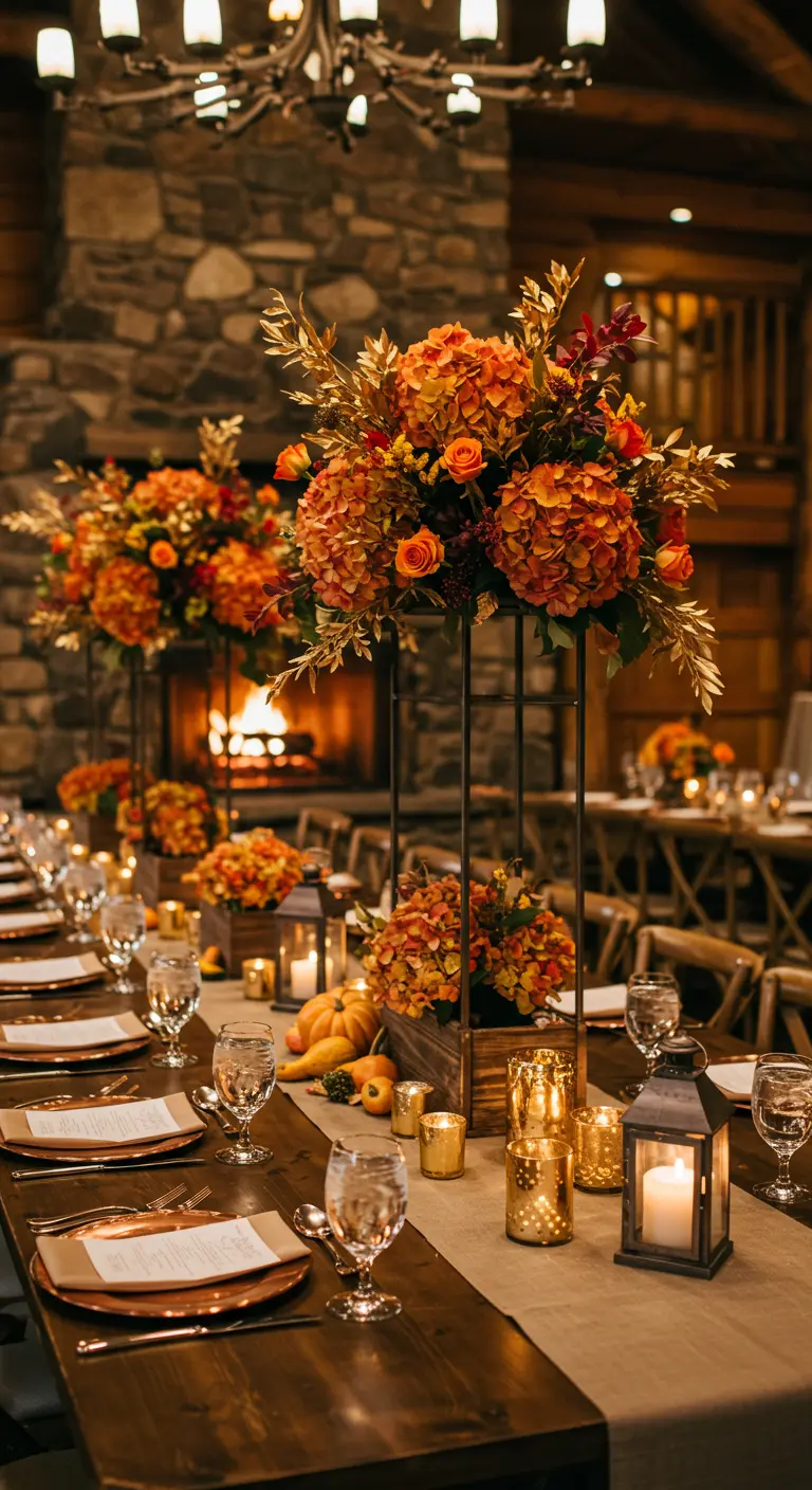 Longue table en bois dans une salle avec cheminée, centres de table de fleurs automnales oranges et nombreuses lanternes et bougies.