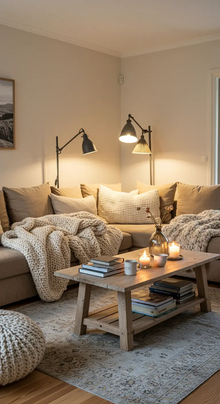 Grand salon scandinave chaleureux avec canapé camel, plaids crème, lumières murales et table basse bois brut.