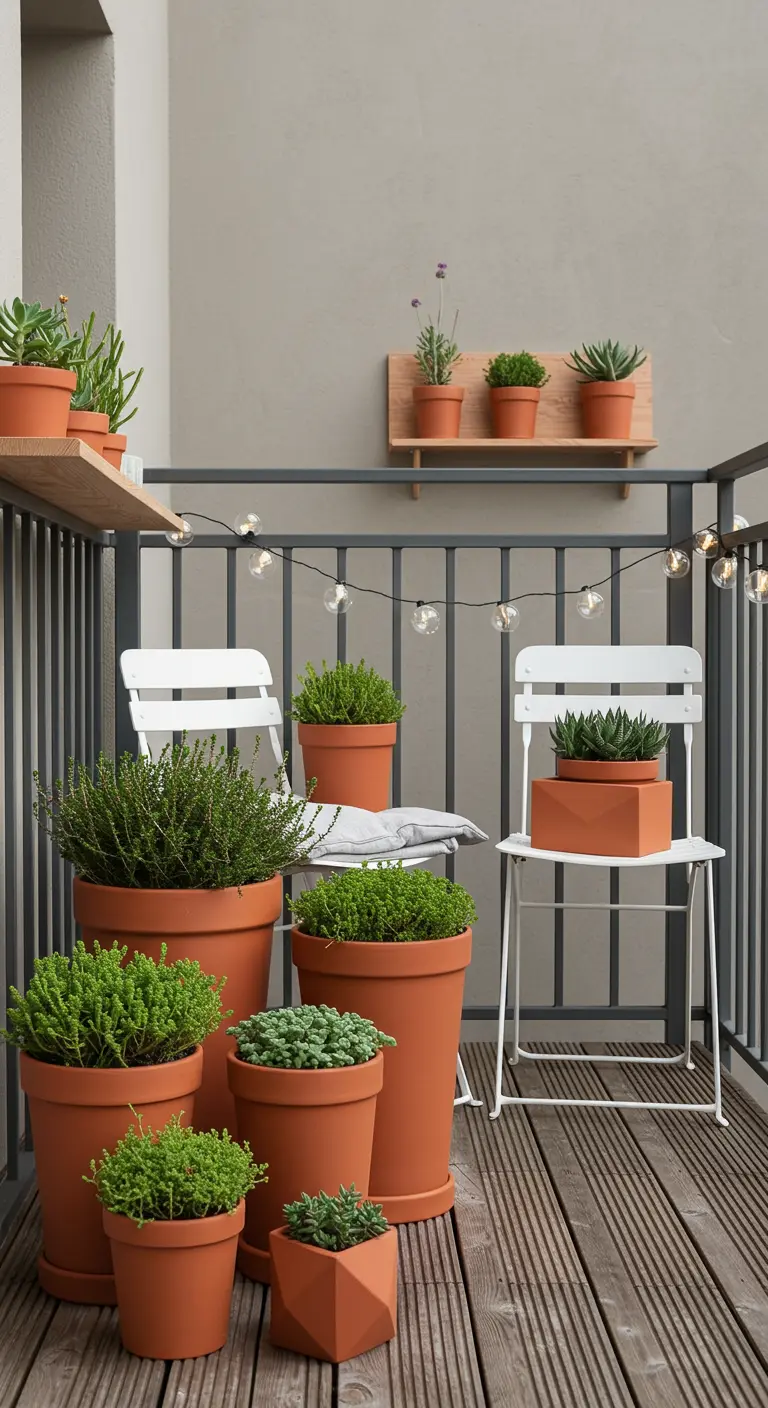 Balcon avec pots en terre cuite de différentes tailles, plantes vertes, et guirlande lumineuse.