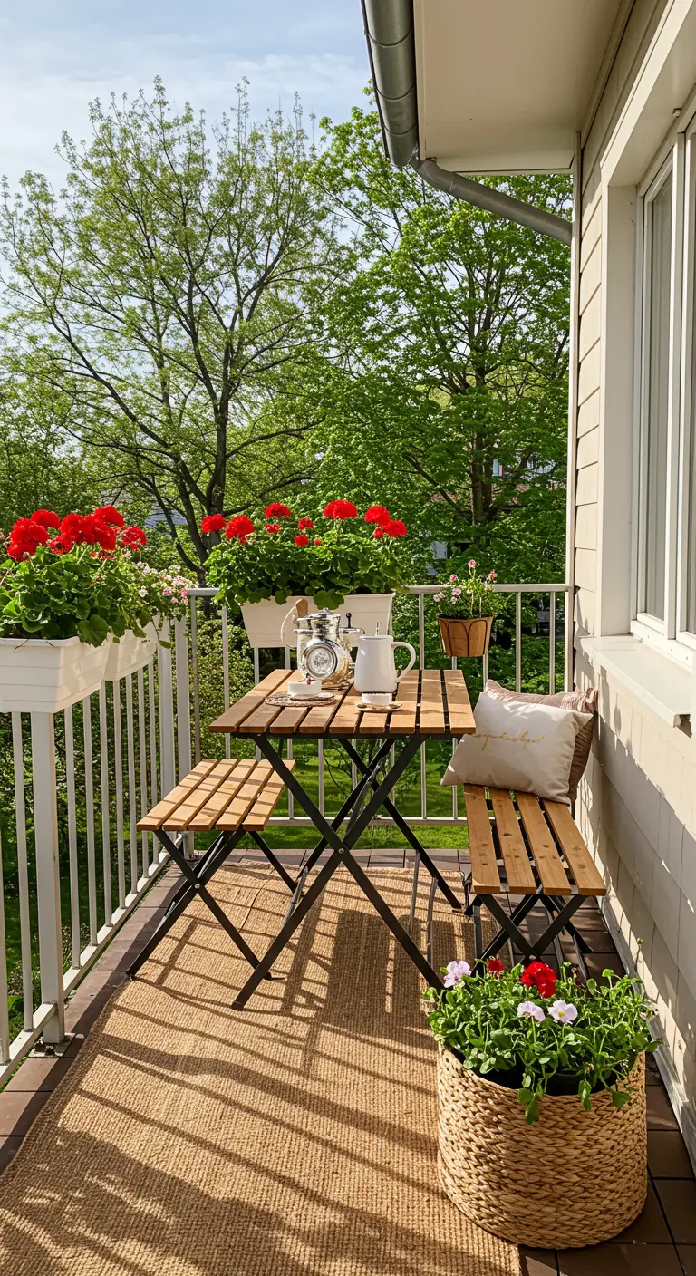 Balcon chaleureux avec mobilier en bois, tapis en jute, jardinières de géraniums rouges.