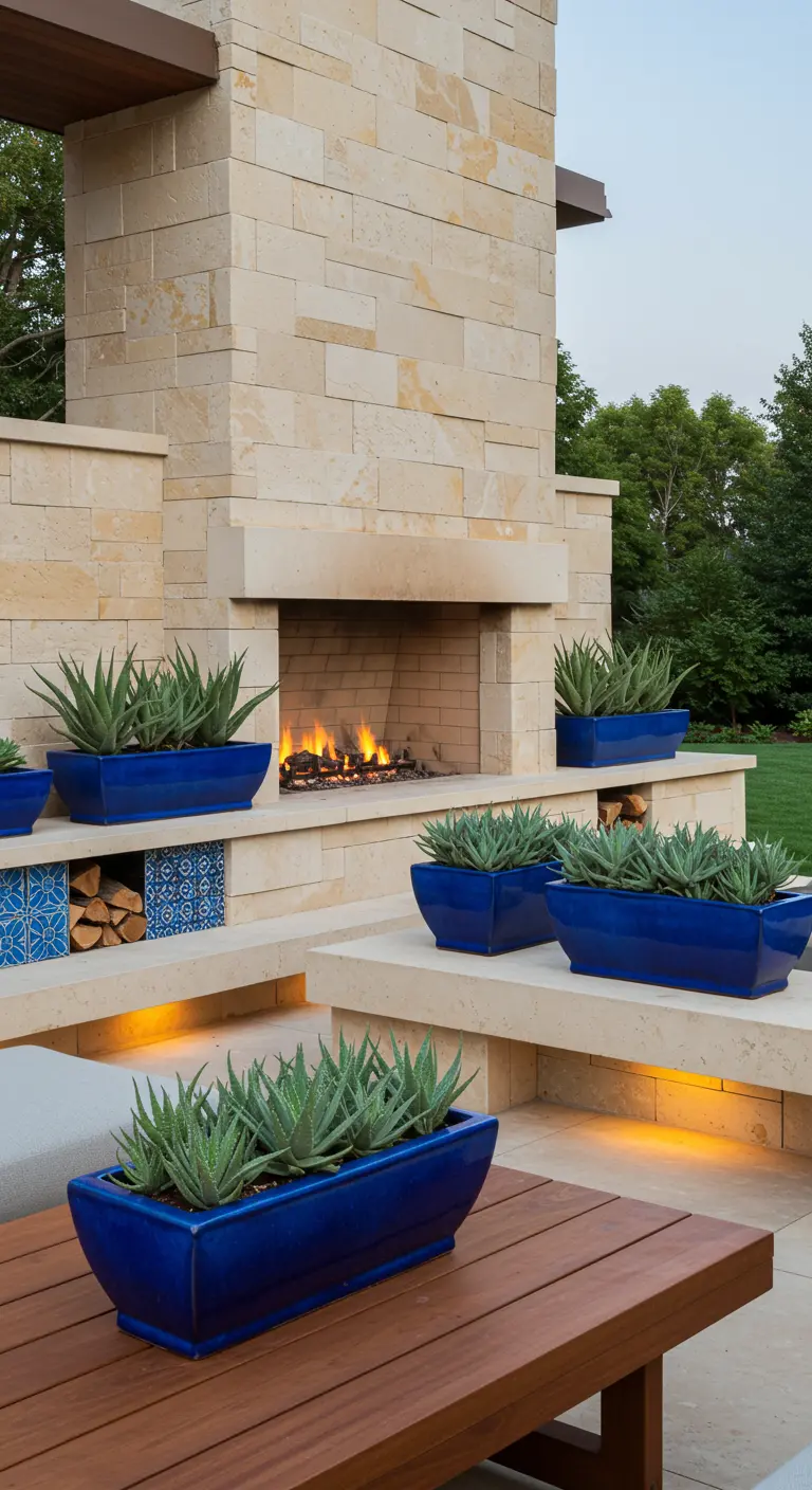 Cheminée extérieure en pierre avec des jardinières rectangulaires bleues contenant des agaves.