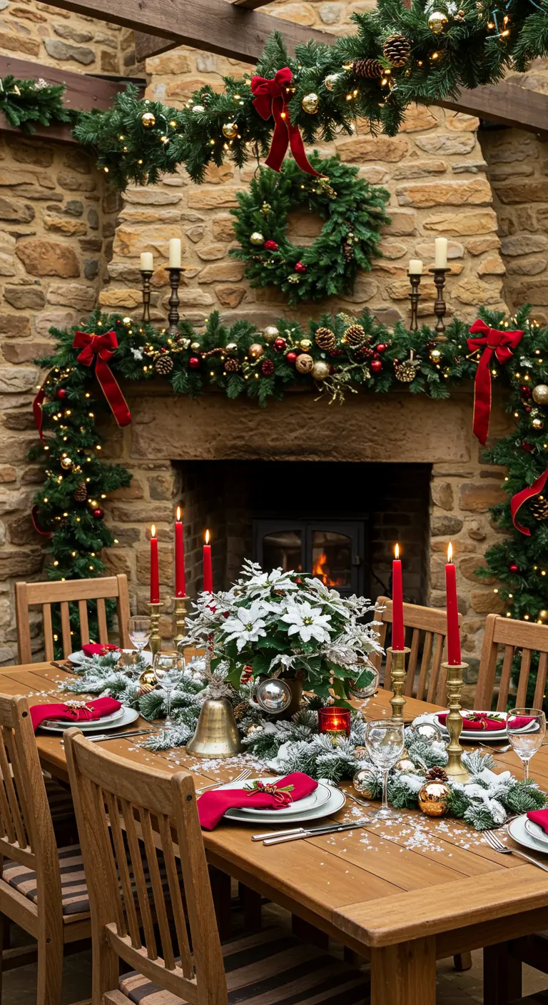 Table de dîner extérieure devant une cheminée décorée de guirlandes, bougies rouges et poinsettia.