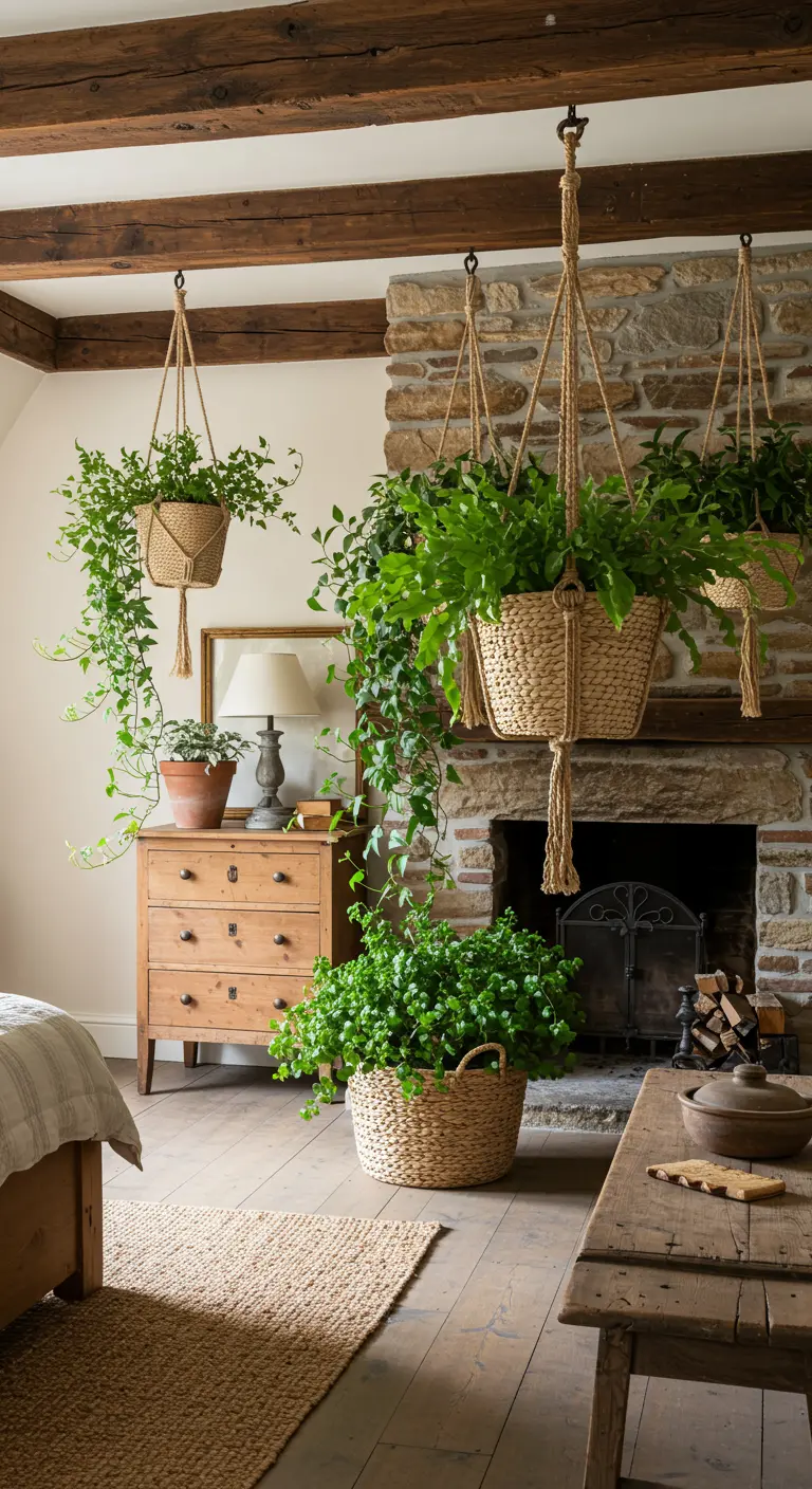 Chambre rustique avec poutres et mur de pierre, ornée de grands paniers suspendus remplis de plantes luxuriantes.