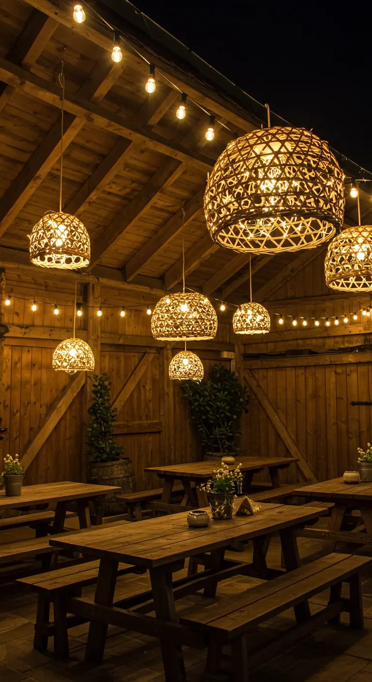 Espace extérieur rustique avec tables en bois, éclairé par de grandes suspensions tissées et guirlandes.