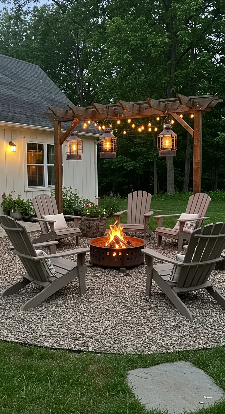 Coin feu de camp avec pergola en bois, chaises Adirondack et lanternes solaires suspendues.