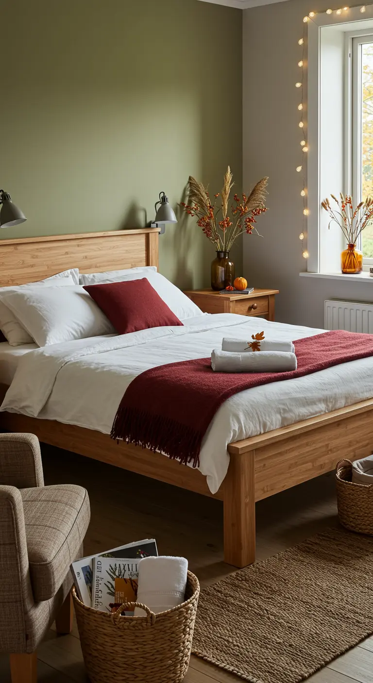 Chambre épurée avec lit en bois clair, mur vert, plaid bordeaux et guirlande lumineuse à la fenêtre.