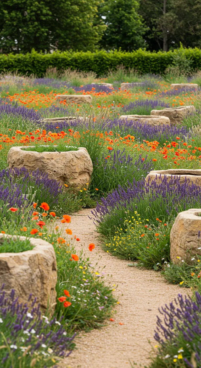 Chemin de gravier traversant un champ de lavande et de pavots avec des jardinières en pierre.