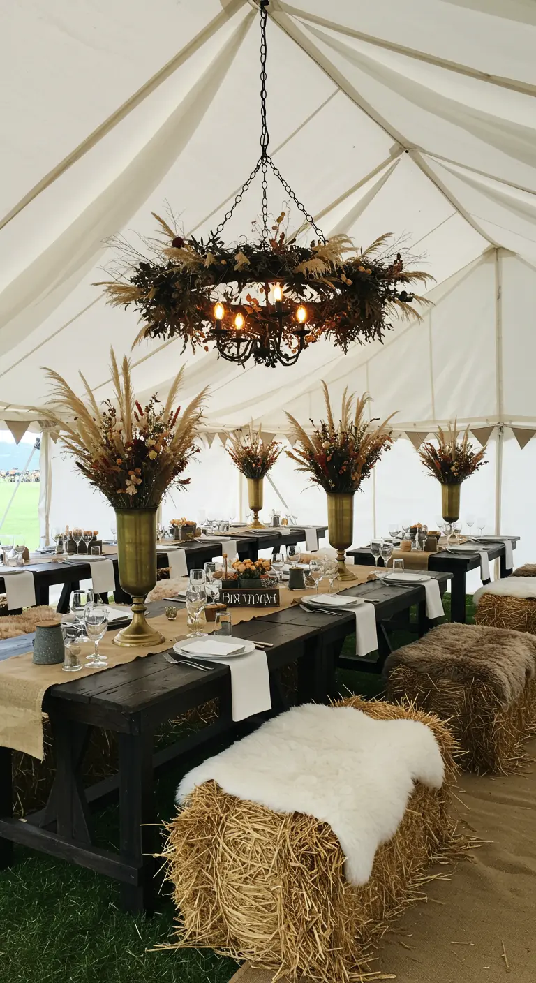 Intérieur de chapiteau avec tables rustiques, bottes de paille, peaux de mouton, lustre floral suspendu.