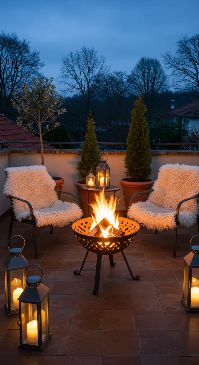 Balcon avec brasero, chaises en fausse fourrure, conifères en pots et lanternes métalliques sur carrelage terre cuite.