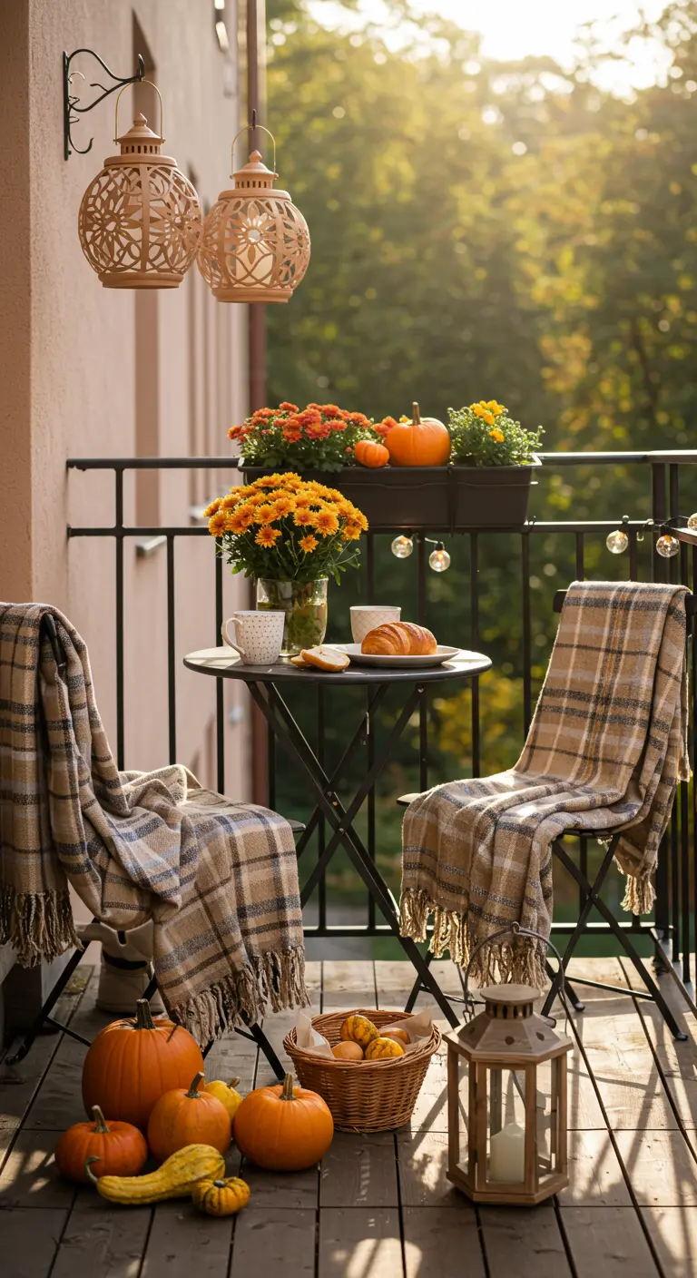 Petit balcon avec table bistrot, plaids écossais, chrysanthèmes, citrouilles et lanterne pour le petit déjeuner.