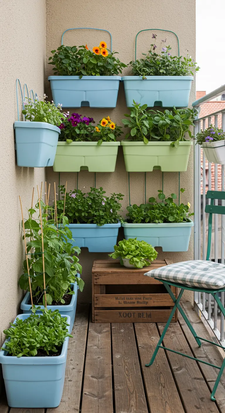 Balcon décoré avec des jardinières pastel, des caisses en bois et une petite table de jardin verte