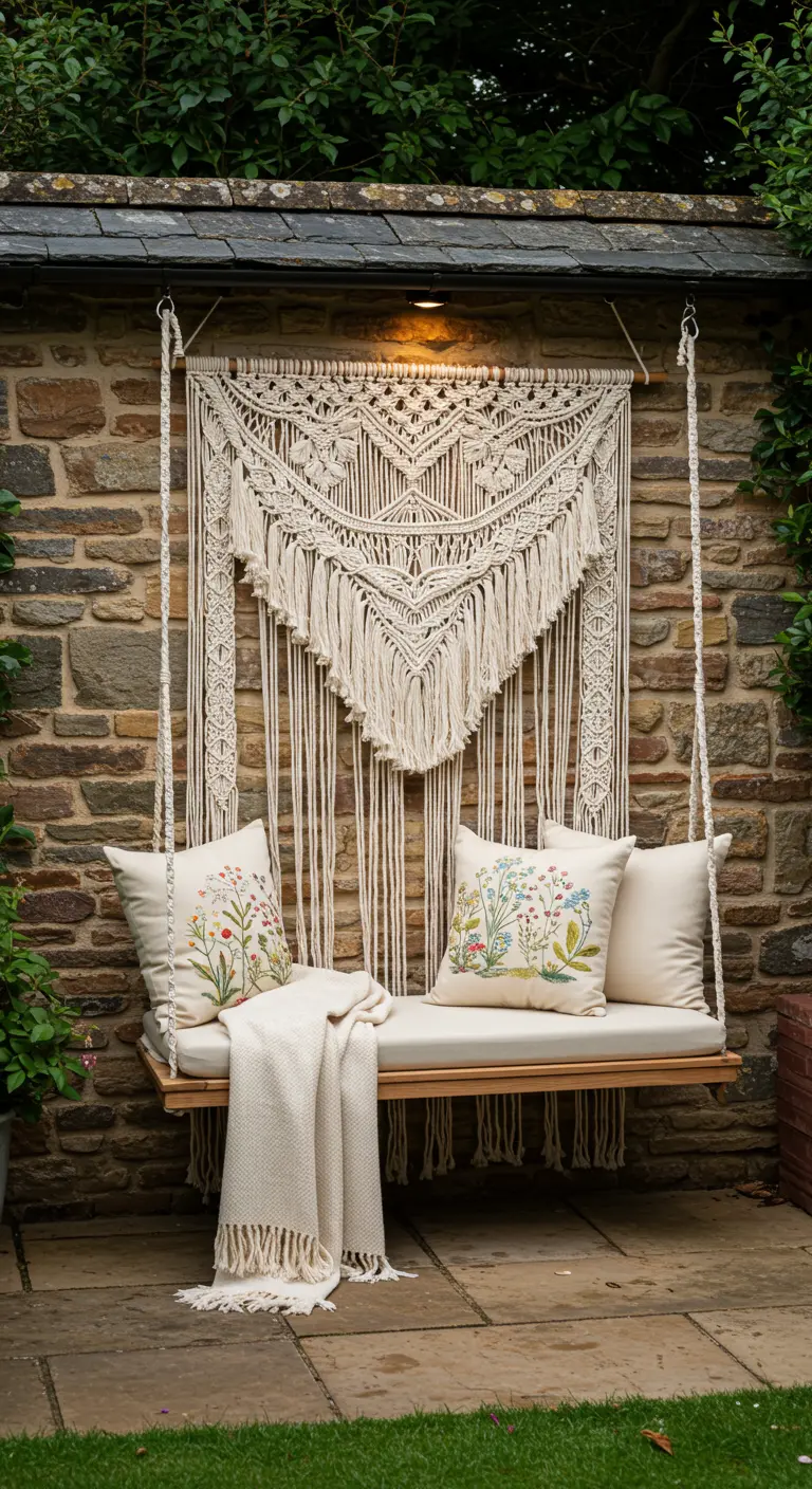 Balançoire en bois, macramé, coussins brodés, plaid, mur de pierre avec végétation.