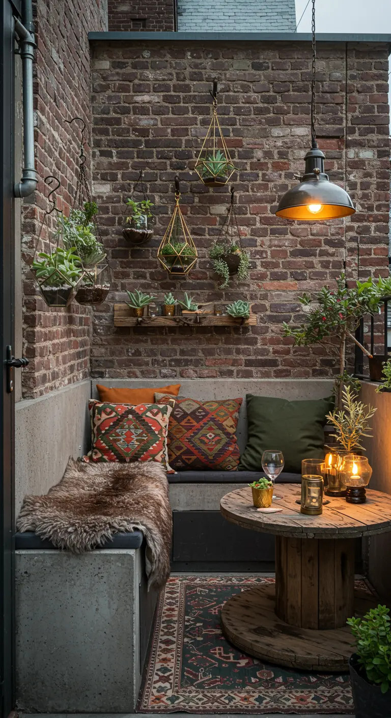 Balcon bohème avec mur de briques, banquette en béton, table touret, coussins ethniques et terrariums suspendus.