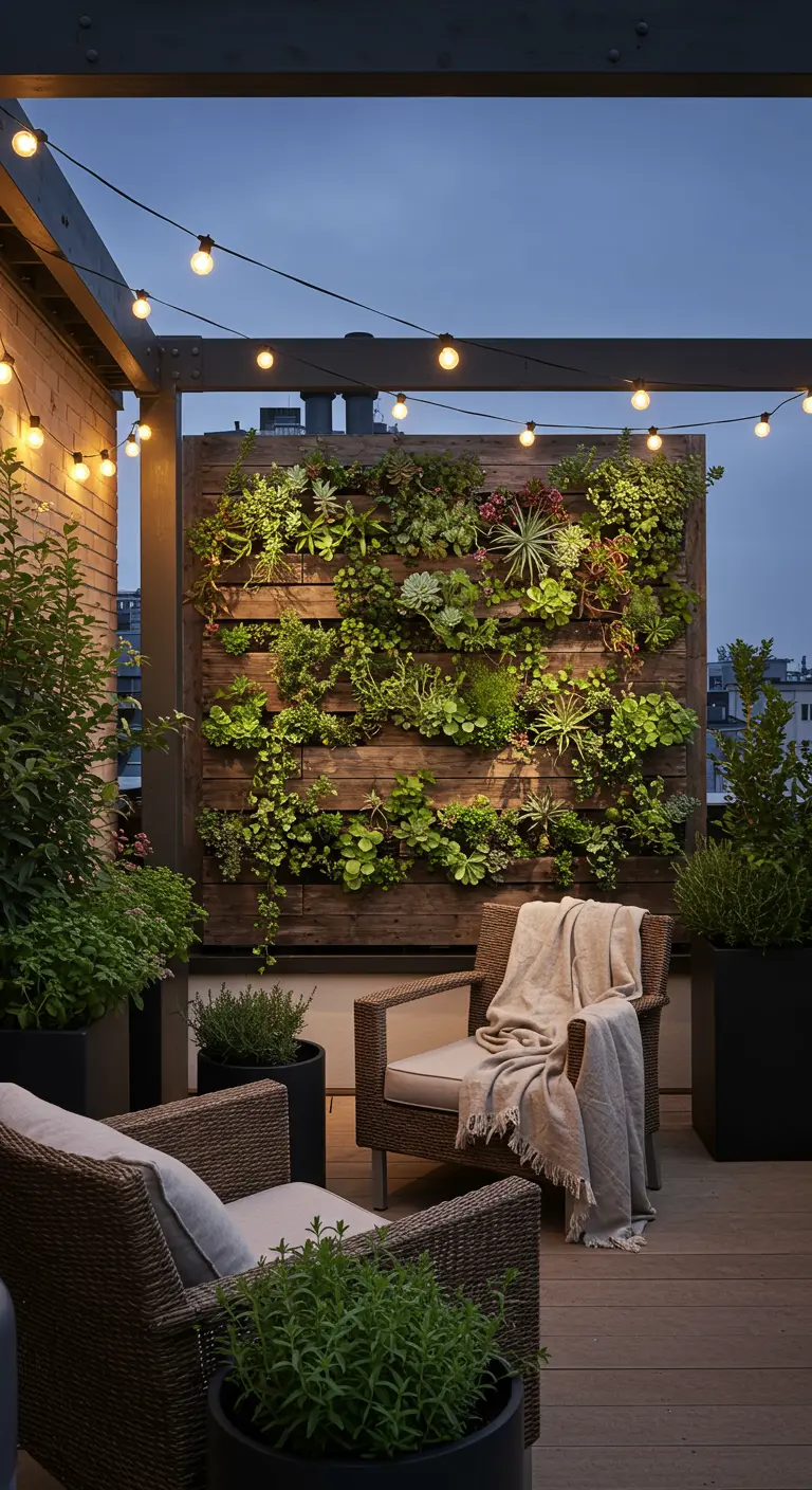 Mur végétal en bois avec succulentes et guirlandes lumineuses, fauteuils en rotin sur terrasse.