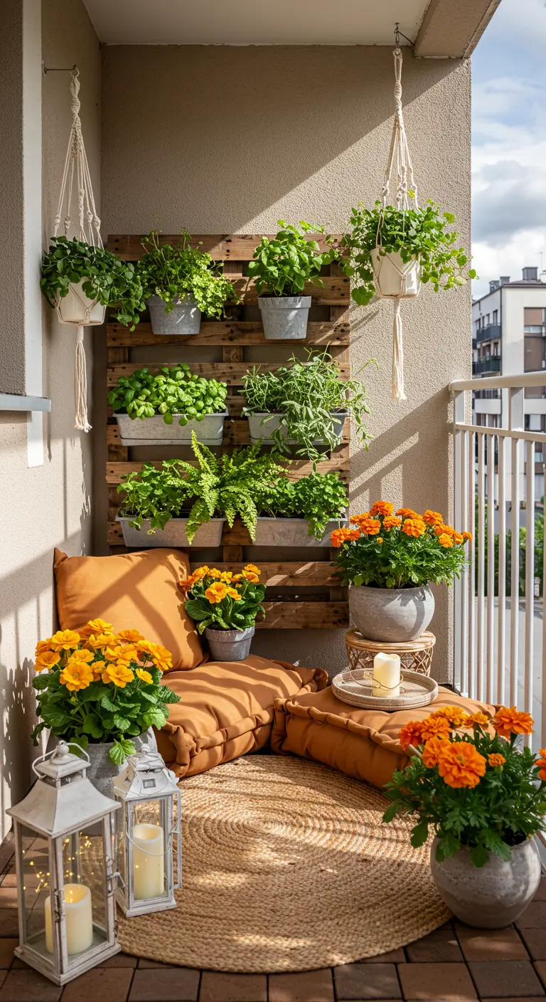 Balcon cosy avec mur de palette végétalisé d'herbes, suspensions en macramé et coussins orange.
