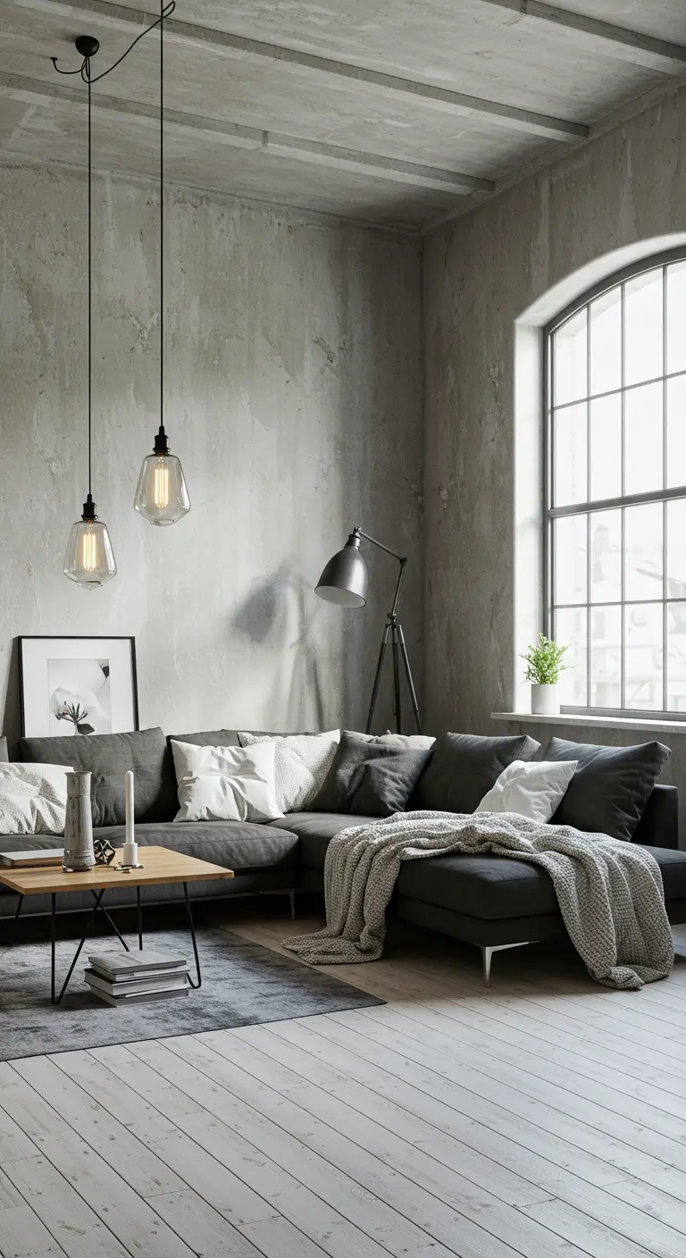 Salon industriel scandinave avec mur béton ciré, canapé anthracite, luminaires suspendus et grande fenêtre.