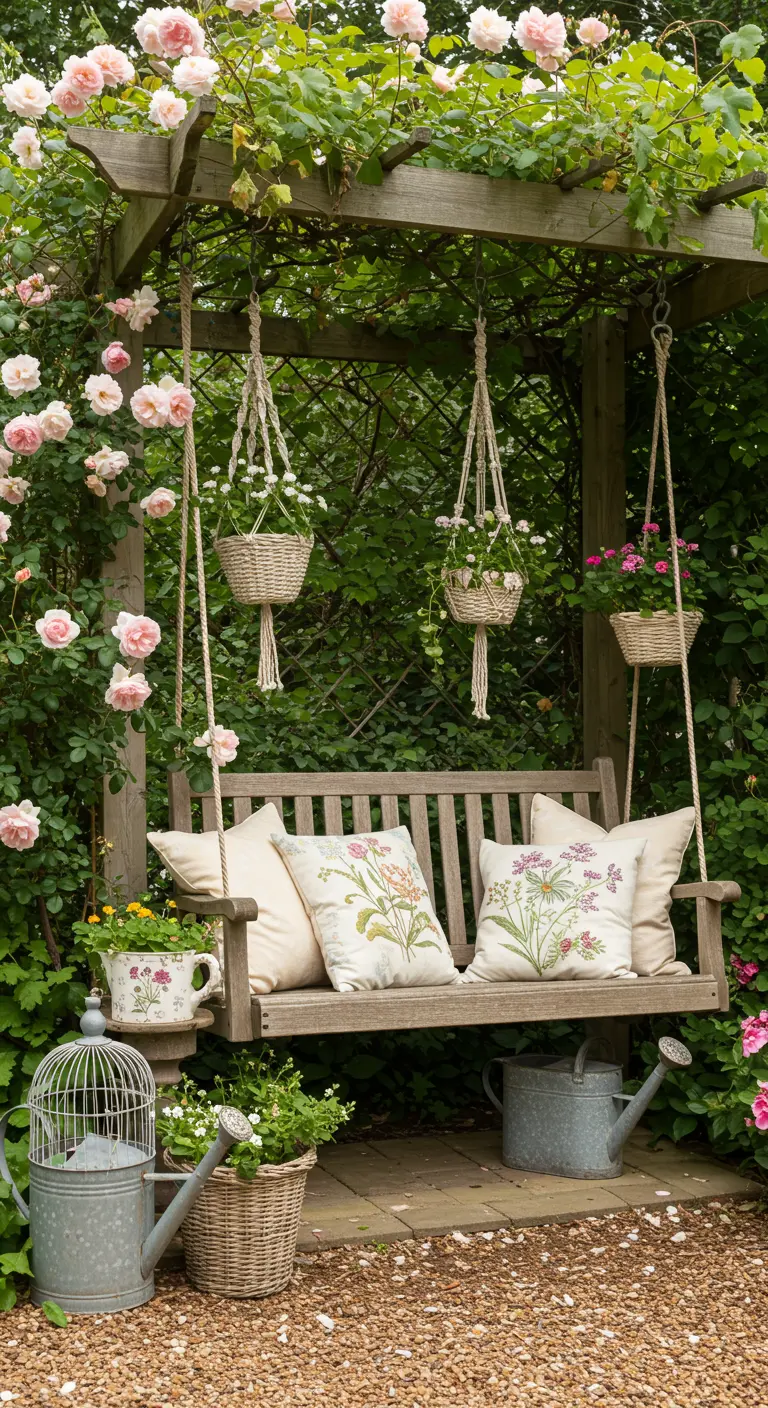 Balançoire en bois, rosiers grimpants, paniers suspendus fleuris, arrosoir vintage.