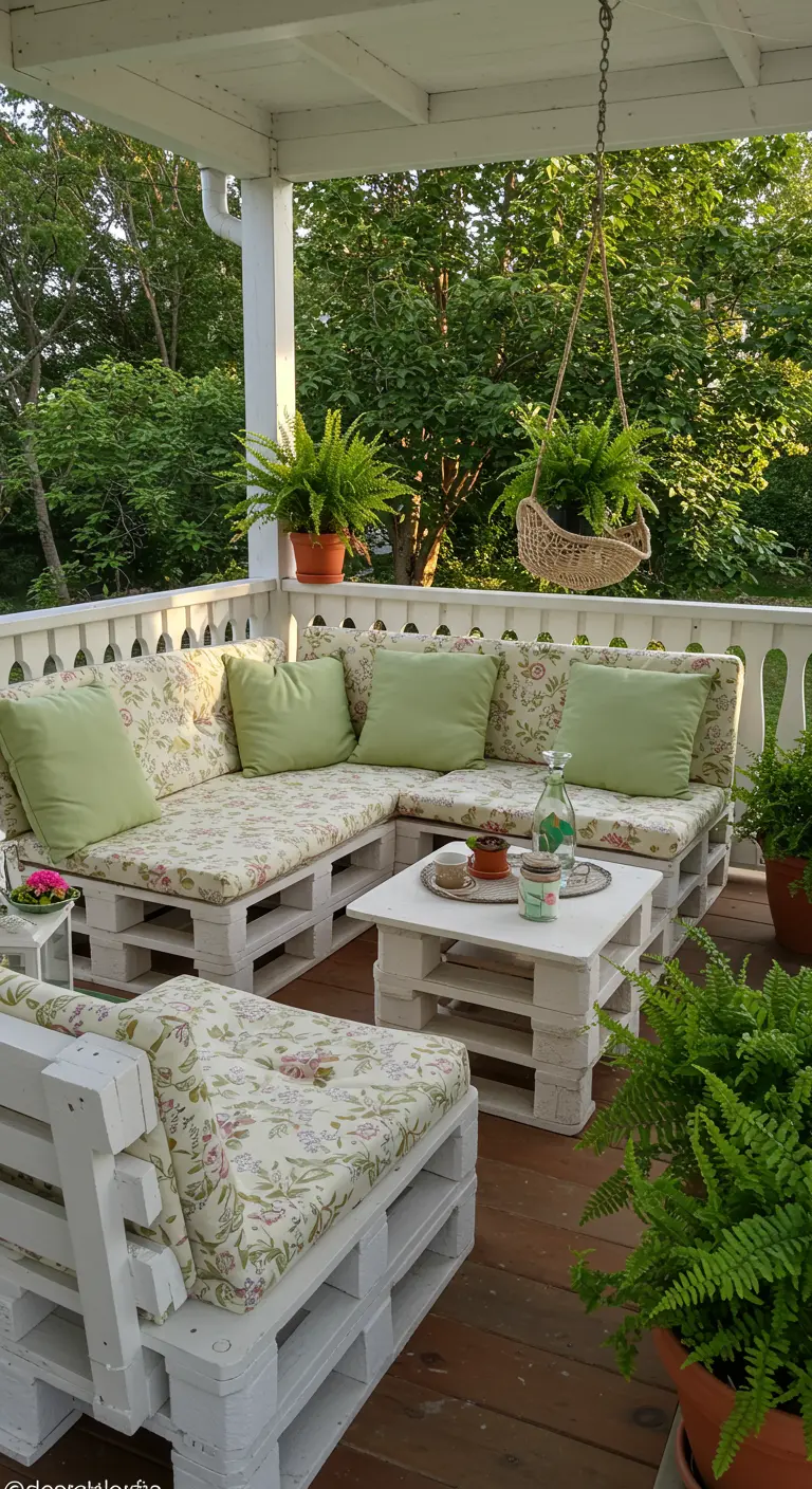 Salon en palettes blanches avec coussins floraux sous un porche, entouré de fougères.