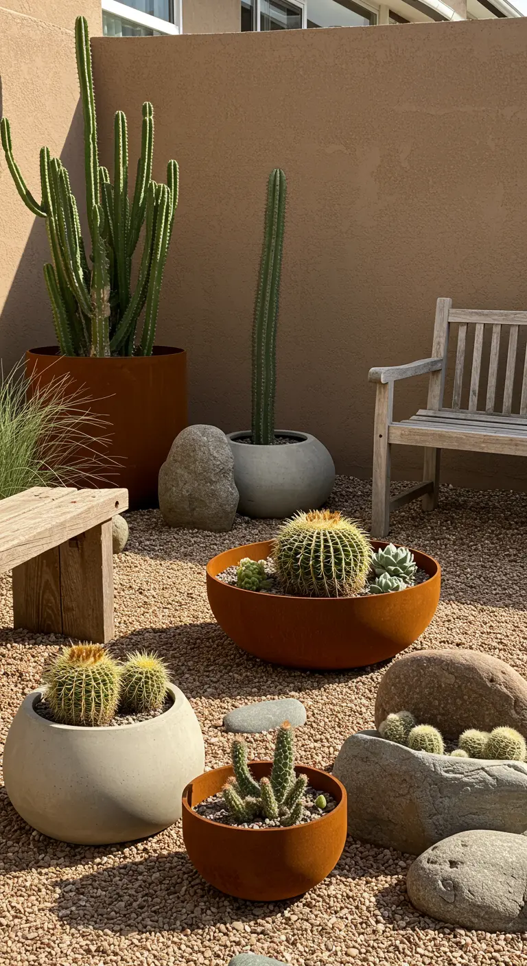 Jardin de style désertique avec des pots en terre cuite rouillée et béton, des cactus et des pierres.