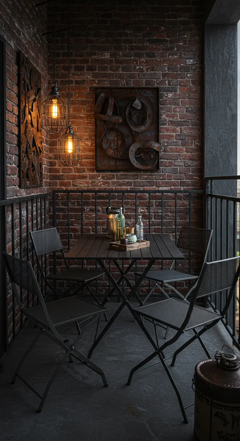 Balcon sombre avec mur de briques, mobilier pliant noir, et suspensions lumineuses industrielles.