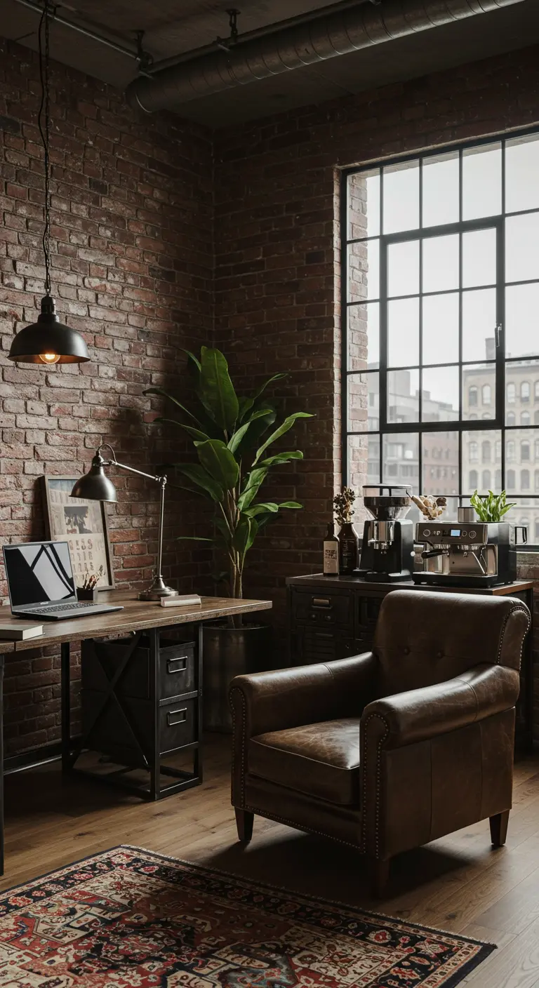 Bureau industriel avec mur de briques, fauteuil en cuir, grand tapis et machine à café.