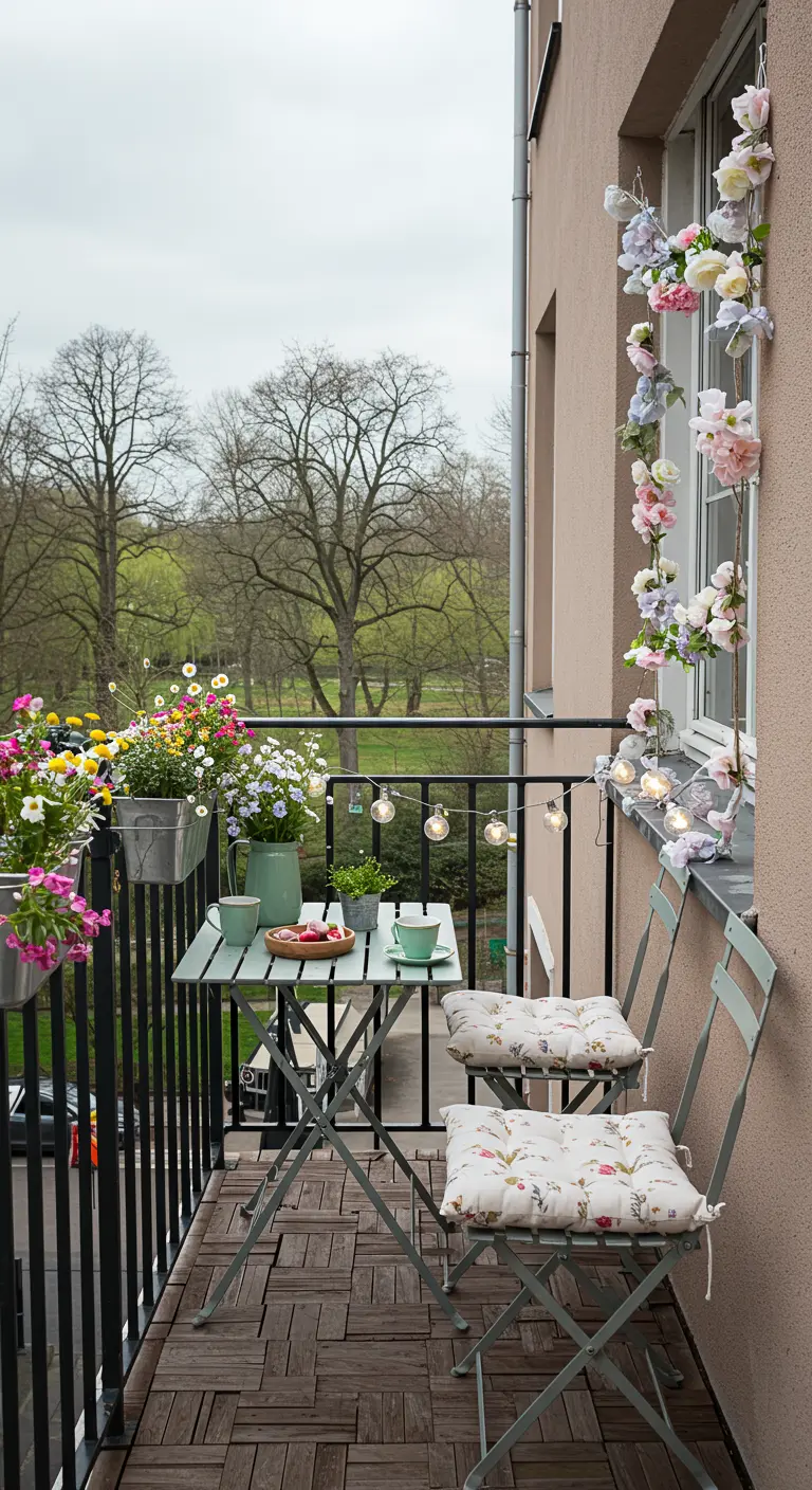 Petit balcon avec mobilier vert pliable, jardinières et guirlande de fleurs artificielles le long du mur.