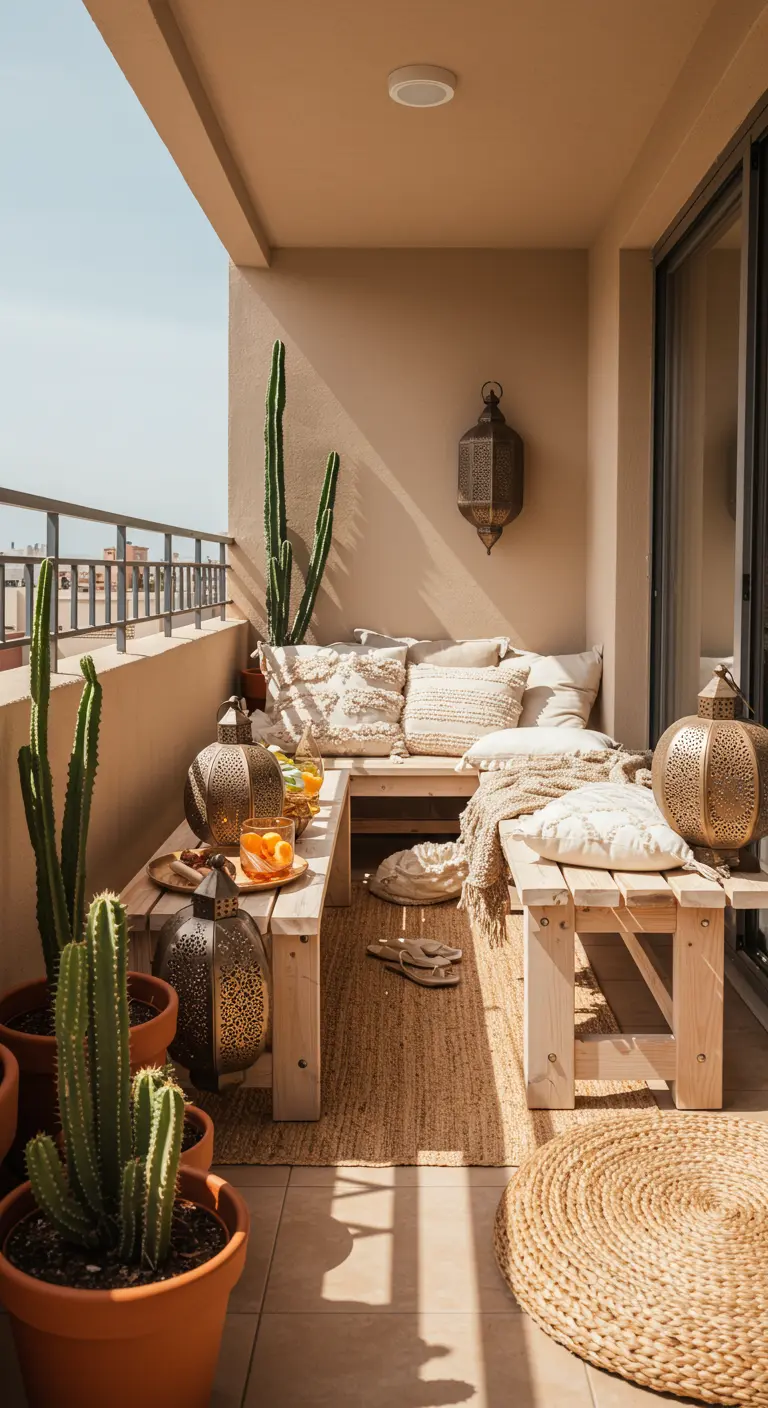 Balcon oriental avec banquettes basses en bois, coussins moelleux, lanternes marocaines et cactus.